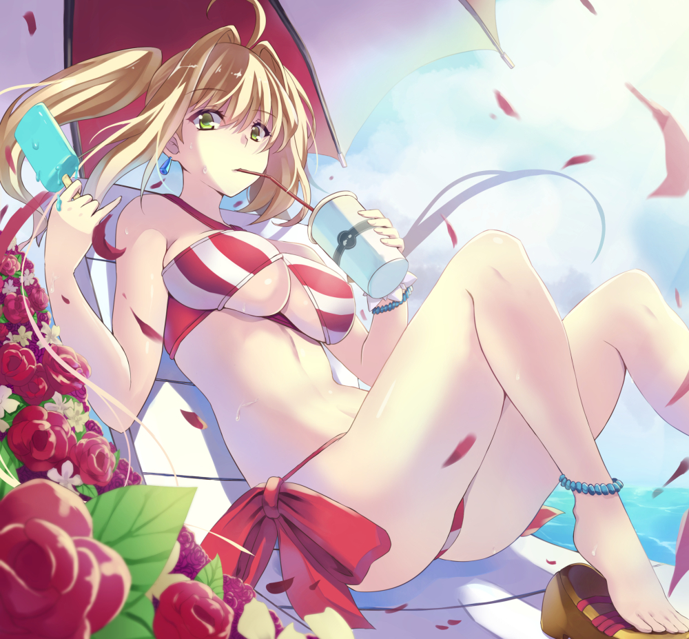 1girl a-na ahoge bead_anklet bead_bracelet beads bikini blonde_hair bracelet breasts drinking drinking_straw earrings fate/grand_order fate_(series) flower food green_eyes jewelry long_hair looking_at_viewer medium_breasts navel nero_claudius_(swimsuit_caster)_(fate) petals popsicle red_rose rose saber_extra side-tie_bikini sitting solo striped striped_bikini swimsuit twintails