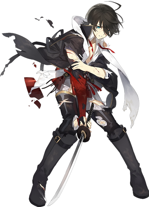 1boy armor black_hair blood blue_eyes boots coat horikawa_kunihiro injury japanese_armor kiwame_(touken_ranbu) knee_boots male_focus official_art open_clothes open_shirt pants scarf shiramine_(srmn09) shirt sword torn_clothes torn_coat torn_pants torn_scarf touken_ranbu transparent_background wakizashi weapon