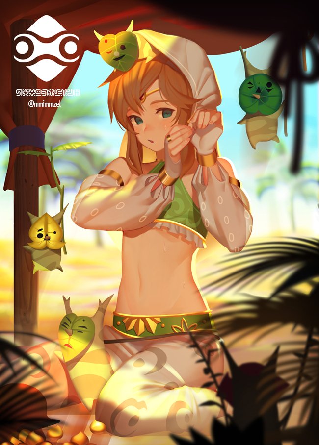 1boy blonde_hair blue_eyes commentary_request crossdressing desert detached_sleeves earrings gerudo_set_(zelda) jewelry kokiri link looking_at_viewer male_focus midriff mimme_(haenakk7) navel official_alternate_costume otoko_no_ko palm_tree pointy_ears see-through seiza sitting solo stomach the_legend_of_zelda the_legend_of_zelda:_breath_of_the_wild toned toned_male tree