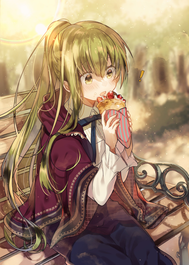 1girl bangs bench black_dress blouse blush crepe day dress eating eyebrows_visible_through_hair food frilled_sleeves frills green_hair hair_between_eyes holding holding_food kazutake_hazano legs_together long_hair long_sleeves open_mouth original outdoors park park_bench ponytail shawl shiro_seijo_to_kuro_bokushi sidelocks sitting solo white_blouse yellow_eyes