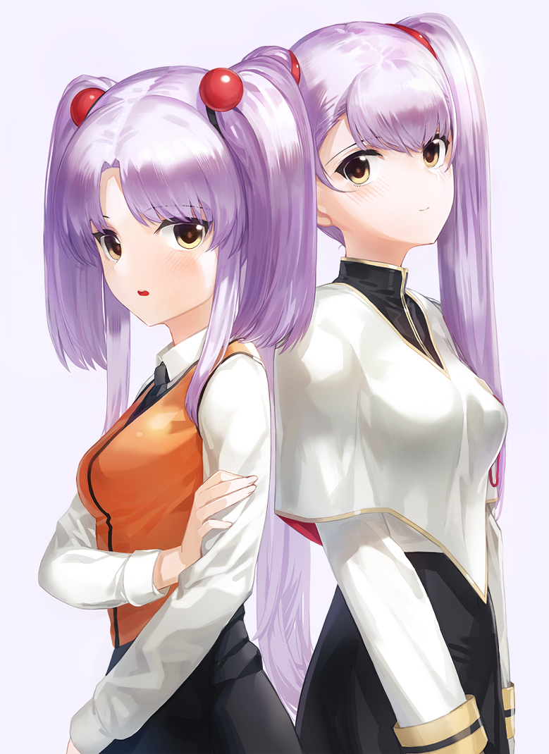 2girls back-to-back breasts capelet commentary dual_persona hair_bobbles hair_ornament hoshino_ruri kfr kidou_senkan_nadesico long_hair long_sleeves looking_at_viewer multiple_girls older open_mouth pink_background purple_hair sidelocks skirt small_breasts smile twintails vest yellow_eyes