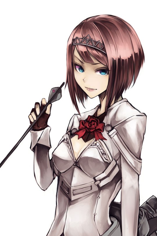 1girl ark_royal_(kantai_collection) bcrow blue_eyes bob_cut breasts cleavage_cutout fingerless_gloves gloves hairband holding_arrow kantai_collection lips long_sleeves looking_at_viewer red_ribbon redhead ribbon short_hair simple_background small_breasts solo tiara upper_body white_background