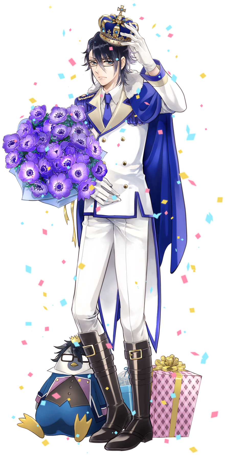 1boy arm_up black-framed_eyewear black_boots black_hair blue_necktie boots bouquet box character_doll crown flower fushimi_saruhiko gift gift_box gloves hair_between_eyes highres holding holding_bouquet k_(anime) knee_boots mini_crown munakata_reishi necktie noes pants purple_gloves ribbon short_hair simple_background solo standing white_background white_gloves white_pants yellow_ribbon