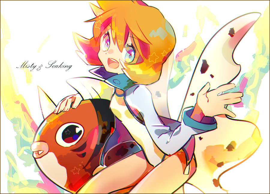 1girl alternate_hairstyle auko blue_eyes jacket jacket_over_swimsuit kasumi_(pokemon) one-piece_swimsuit orange_hair pokemon pokemon_(game) pokemon_hgss seaking short_hair smile swimsuit