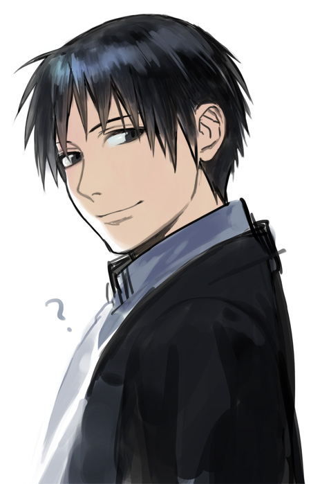 1boy ? black_eyes black_hair coat fullmetal_alchemist looking_at_viewer looking_back male_focus noako roy_mustang shirt short_hair simple_background smile solo_focus white_background white_shirt