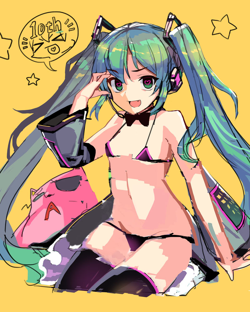 1girl :d aqua_hair bikini bow bowtie commentary fang green_eyes hatsune_miku heart heart-shaped_pupils long_hair looking_at_viewer micro_bikini no'mad open_mouth revealing_clothes smile solo speech_bubble star sunglasses swimsuit symbol-shaped_pupils thigh-highs twintails very_long_hair vocaloid
