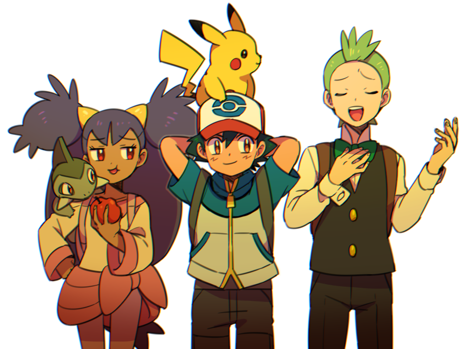 1girl 2boys apple arms_behind_head axew black_hair brown_eyes chewing dent_(pokemon) food fruit green_hair iris_(pokemon) long_hair moyori multiple_boys pikachu pokemon pokemon_(anime) pokemon_(game) pokemon_bw purple_hair red_eyes satoshi_(pokemon) very_long_hair