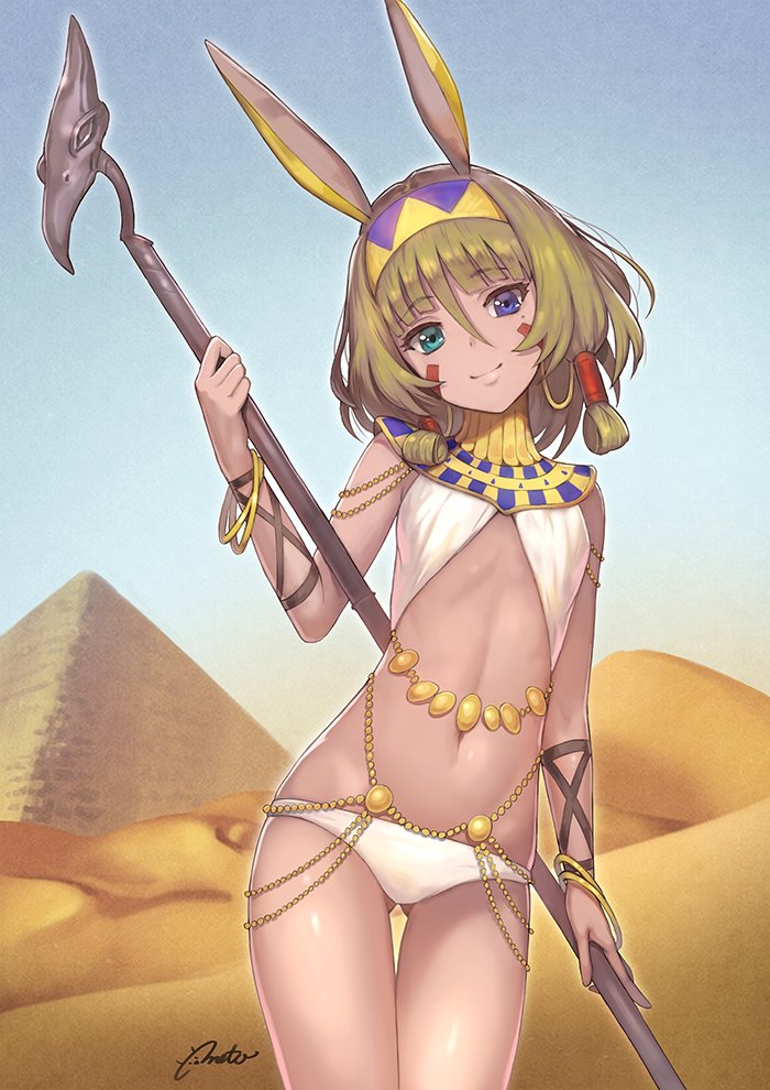 1girl animal_ears belly_chain bikini blue_eyes blue_sky bracelet breasts brown_hair chains commentary_request cosplay desert detached_collar earrings egyptian_clothes eyebrows_visible_through_hair facepaint fate/grand_order fate_(series) green_eyes hair_between_eyes hair_tubes heterochromia hips holding holding_staff hoop_earrings idolmaster idolmaster_cinderella_girls jewelry looking_at_viewer meto31 mole mole_under_eye navel nitocris_(fate/grand_order) nitocris_(fate/grand_order)_(cosplay) outdoors pyramid rabbit_ears short_hair sidelocks signature sky small_breasts smile solo staff swimsuit takagaki_kaede thighs waist white_bikini