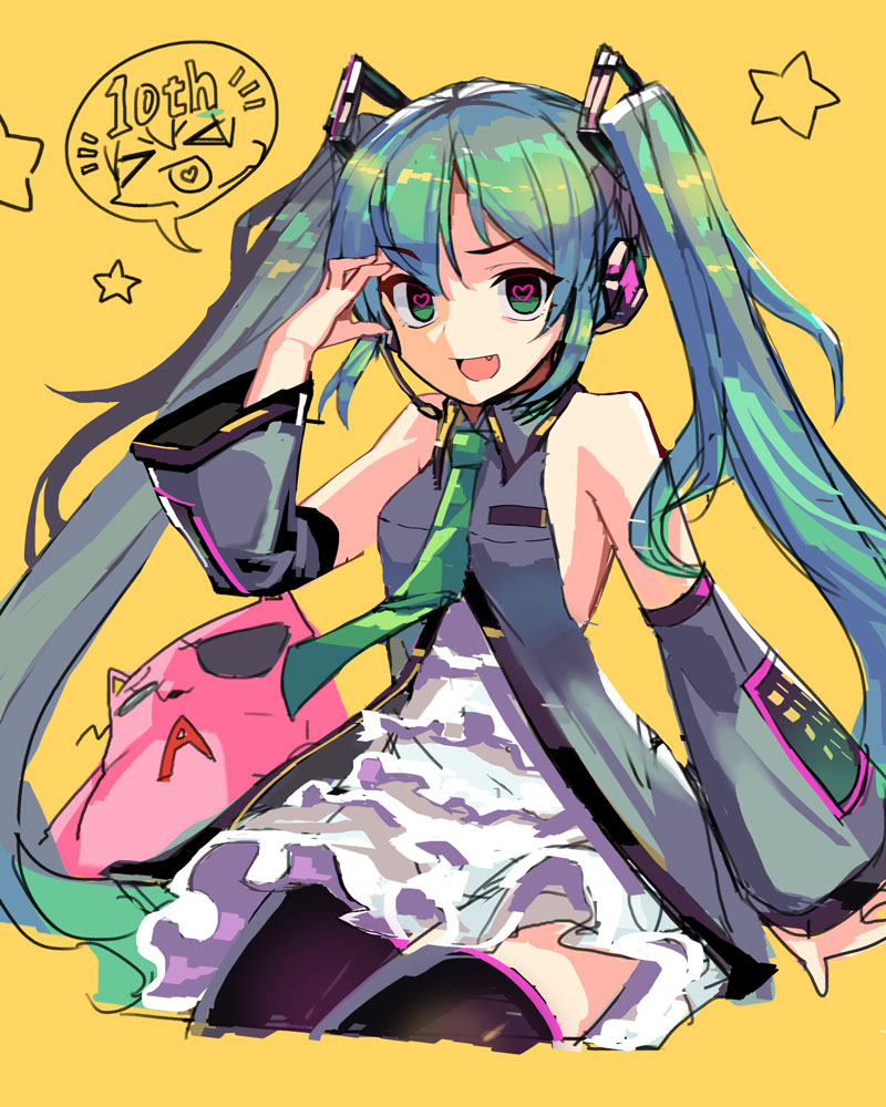 1girl :d aqua_hair commentary detached_sleeves fang green_eyes hatsune_miku heart heart-shaped_pupils long_hair looking_at_viewer necktie no'mad open_mouth skirt sleeveless smile solo speech_bubble star sunglasses symbol-shaped_pupils thigh-highs twintails very_long_hair vocaloid zettai_ryouiki