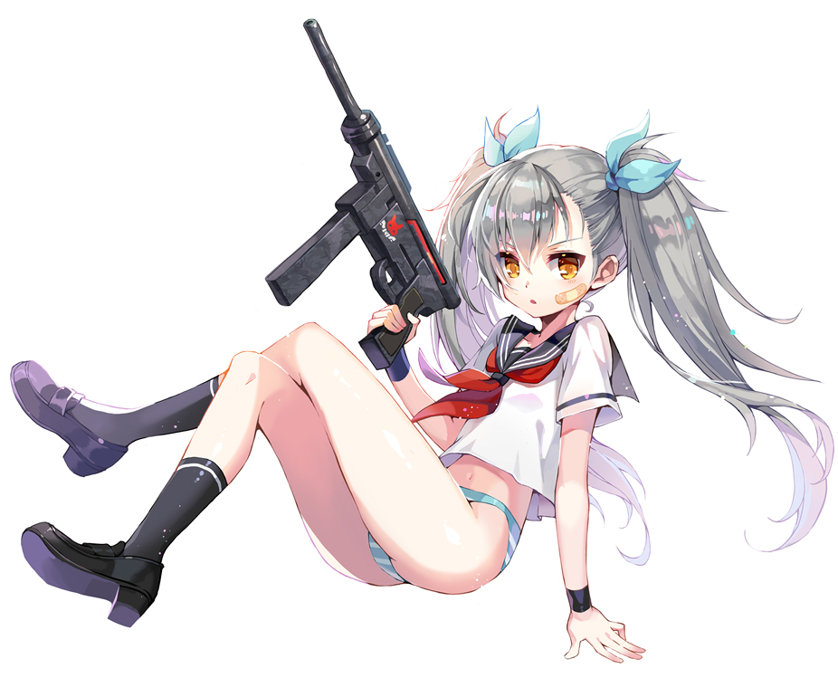 &gt;:o 1girl :o bangs closers full_body grey_hair hair_ribbon legs_crossed loafers long_hair looking_at_viewer m2_(guvn5745) no_pants panties ponytail ribbon school_uniform serafuku shoes solo striped striped_panties thighs tina_(closers) twintails underwear weapon white_background yellow_eyes