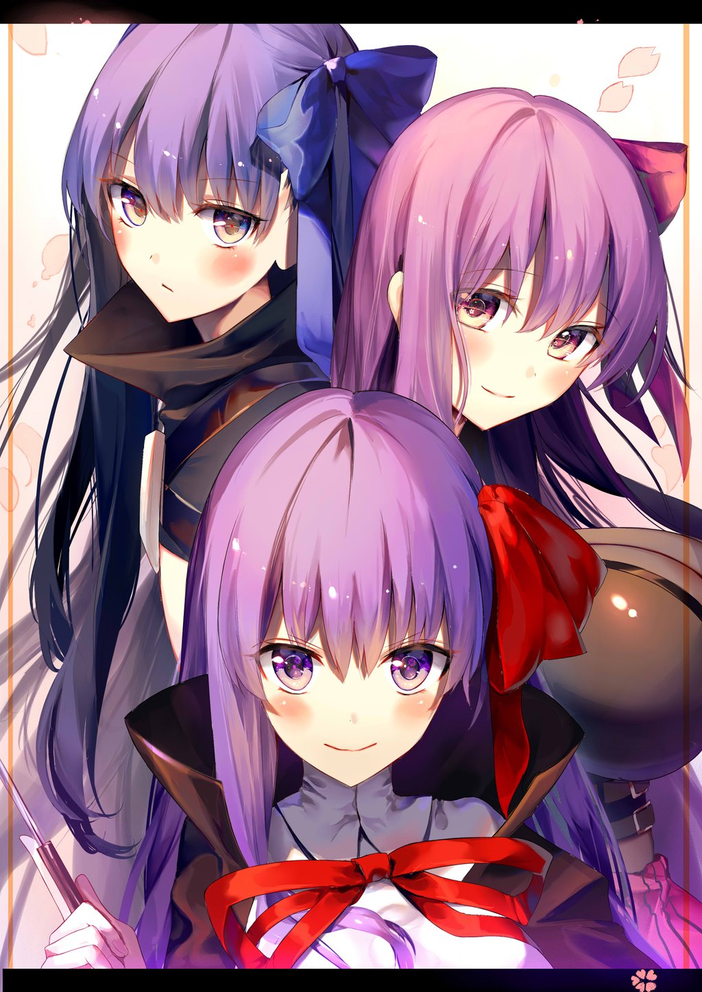 3girls bangs bb_(fate/extra_ccc) black_coat blue_bow blush bow breasts cherry_blossoms closed_mouth fate/extra fate/extra_ccc fate_(series) hair_bow highres huge_breasts kouyafu letterboxed light_smile long_hair meltlilith multiple_girls passion_lip petals purple_bow purple_hair red_bow sidelocks smile tight violet_eyes