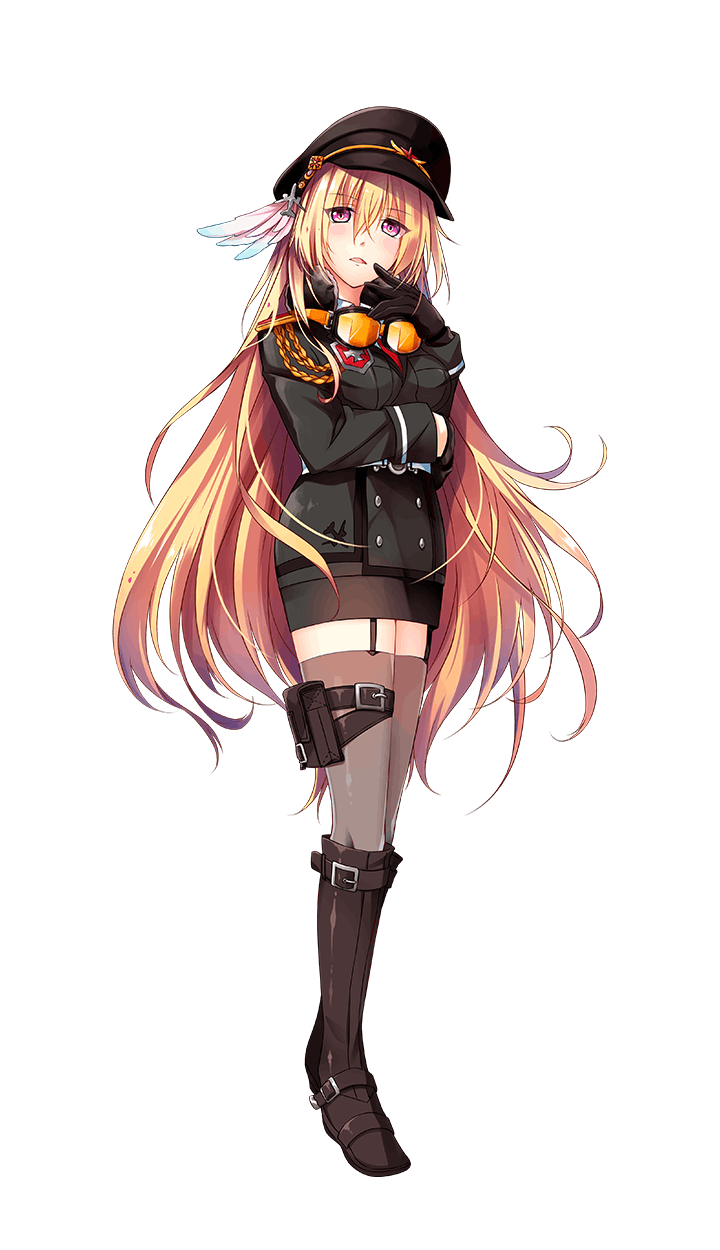 1girl black_gloves blonde_hair boots brown_boots epaulettes eyebrows_visible_through_hair formation_girls full_body gloves goggles goggles_around_neck hat heidimarie_fleuge highres hirai_yuzuki long_hair looking_at_viewer military_hat official_art peaked_cap red_eyes thigh-highs transparent_background very_long_hair zettai_ryouiki