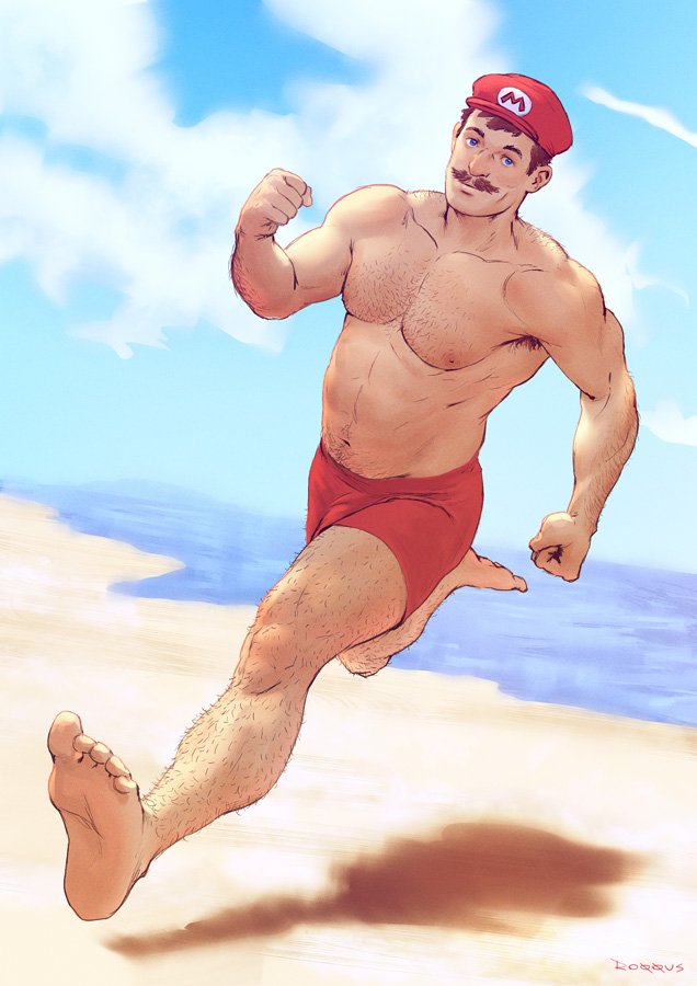 1boy abs arm_hair bara barefoot beach blue_eyes blue_sky brown_hair chest_hair facial_hair feet hairy_legs hat looking_at_viewer male_swimwear mario super_mario_bros. muscle mustache navel ocean pectorals red_hat roqqus running sand sky solo stomach super_mario_bros. super_mario_odyssey swim_trunks swimwear water