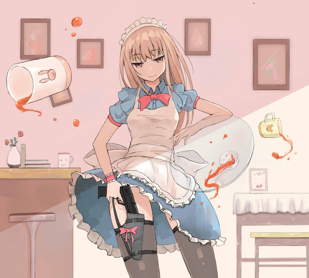 1girl apron bangs black_legwear brown_eyes brown_hair contrapposto cowboy_shot cup darcy_(pixiv11949485) dress eyebrows_visible_through_hair frills garter_straps gun handgun holster indoors long_hair maid maid_headdress painting_(object) puffy_short_sleeves puffy_sleeves short_sleeves smile spilling thigh-highs thigh_holster tray weapon