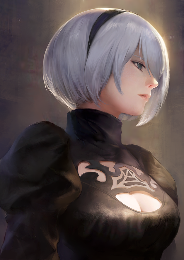 1girl arms_at_sides bangs black_dress black_hairband blue_eyes bob_cut breasts cleavage cleavage_cutout commentary_request dress eyelashes hair_between_eyes hairband half-closed_eyes juliet_sleeves long_sleeves looking_away medium_breasts nier_(series) nier_automata no_blindfold nose pink_lips profile puffy_sleeves revision short_hair silver_hair solo stellarism tsurime turtleneck upper_body yorha_no._2_type_b