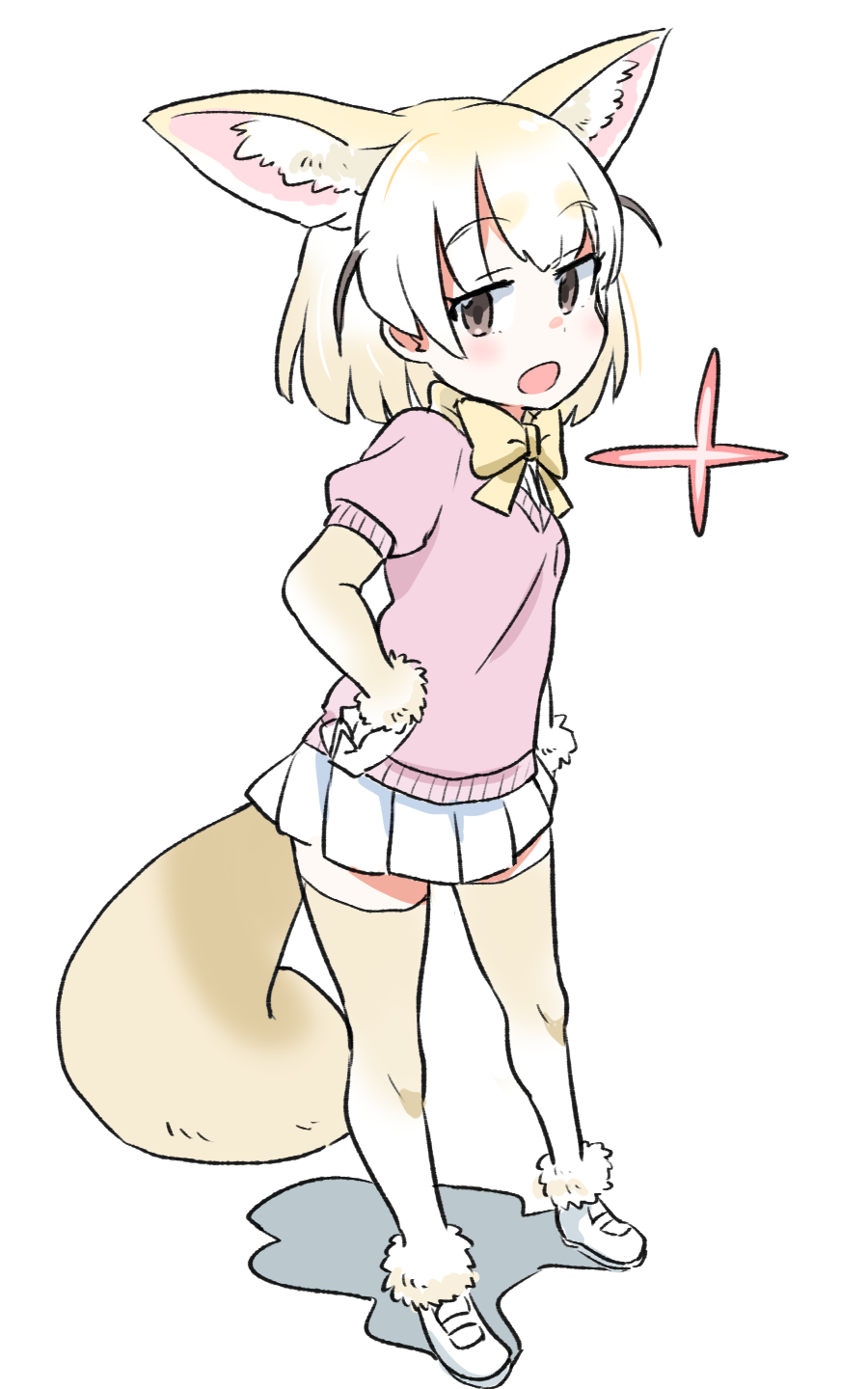 1girl :o animal_ears blonde_hair blush breasts brown_eyes cowboy_shot elbow_gloves eyebrows_visible_through_hair fennec_(kemono_friends) fox_ears fox_tail full_body gloves gluteal_fold hand_on_hip heart highres kemono_friends long_hair looking_at_viewer medium_breasts miniskirt multicolored_hair neck_ribbon pink_sweater pleated_skirt ribbon shiny shiny_skin short_sleeve_sweater simple_background skirt skirt_hold smile solo source_request standing sweat sweater tail thigh-highs white_background white_hair white_skirt yellow_gloves yellow_legwear yellow_ribbon zettai_ryouiki zk_(zk_gundan)