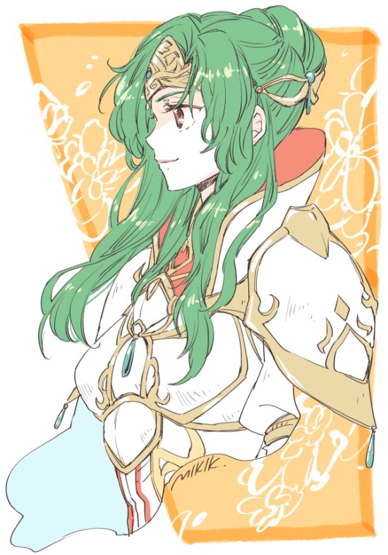 1girl armor breastplate brown_eyes crown elincia_ridell_crimea fire_emblem fire_emblem:_akatsuki_no_megami fire_emblem:_souen_no_kiseki green_hair kizuki_miki pauldrons smile solo