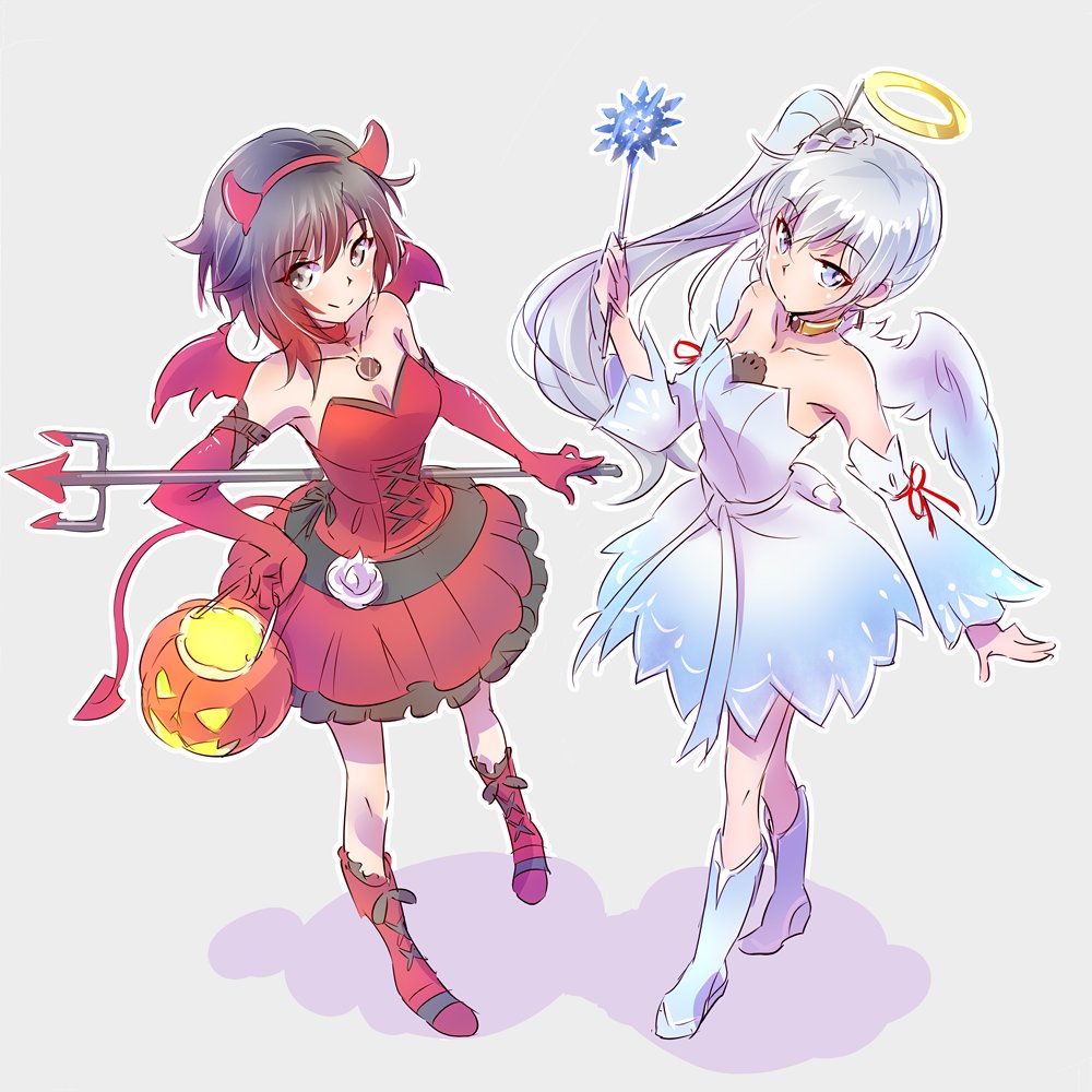 2girls angel_and_devil angel_costume bare_shoulders black_hair blue_eyes breasts choker cleavage color_connection commentary corset demon_girl dress fake_halo full_body grey_eyes halloween halloween_costume iesupa looking_at_viewer medium_breasts multiple_girls pitchfork pumpkin red_dress redhead ruby_rose rwby sleeveless sleeveless_dress smile standing wand weiss_schnee white_dress white_hair