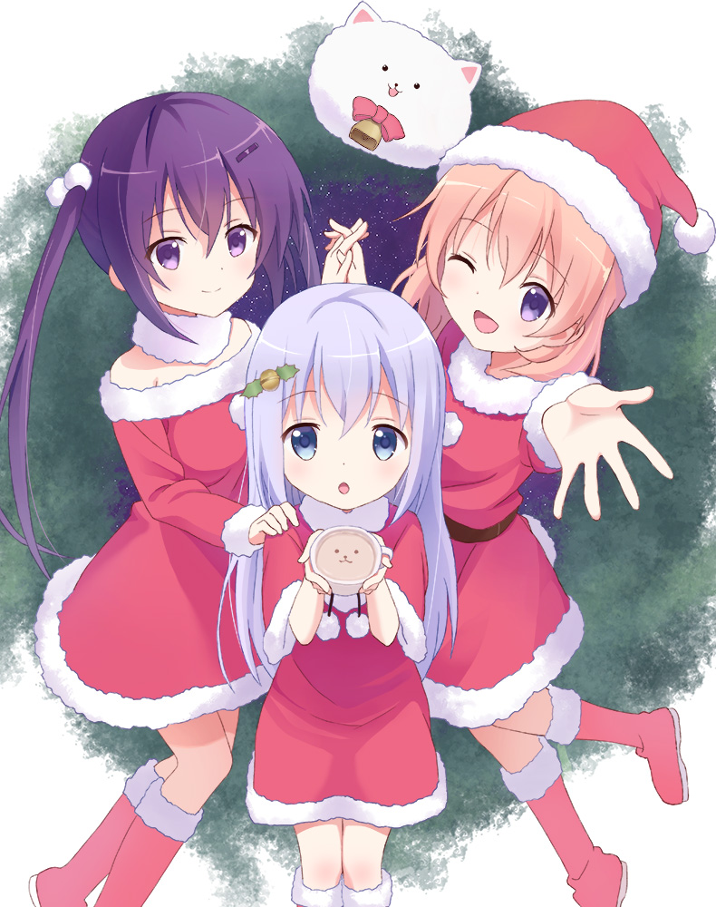 3girls ;d blue_eyes boots capelet choker christmas dress eyebrows_visible_through_hair fur_trim gochuumon_wa_usagi_desu_ka? hair_between_eyes hair_bobbles hair_ornament hand_on_another's_shoulder hat hide_0 hoto_cocoa kafuu_chino long_hair multiple_girls one_eye_closed open_mouth orange_hair purple_hair red_boots red_dress red_hat santa_boots santa_hat short_dress short_hair silver_hair simple_background smile tedeza_rize tippy_(gochiusa) twintails very_long_hair violet_eyes white_background