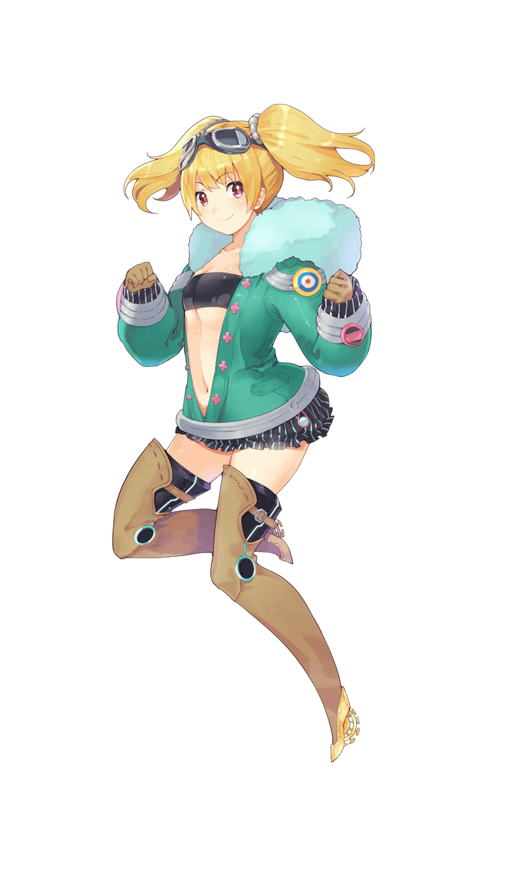 1girl black_legwear black_skirt blonde_hair boots breasts brown_boots brown_gloves clenched_hands formation_girls full_body gloves goggles goggles_on_head green_jacket haruno_shuu highres jacket looking_at_viewer midriff miniskirt navel nixey_barder official_art open_clothes open_jacket red_eyes skirt small_breasts smile solo thigh-highs thigh_boots transparent_background twintails