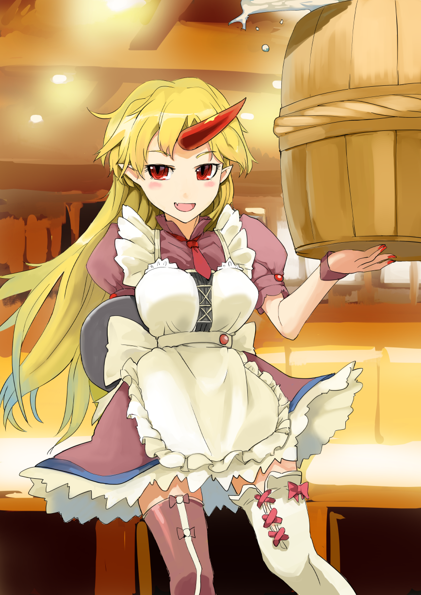 1girl alternate_costume apron asymmetrical_legwear barrel blonde_hair blush carrying commentary_request highres horn hoshiguma_yuugi long_hair looking_at_viewer nail_polish oni pointy_ears red_eyes sake_barrel sinzan solo thigh-highs touhou waitress wrist_cuffs