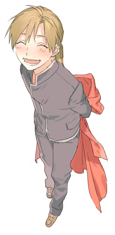 1boy alphonse_elric arms_behind_back black_shirt blush closed_eyes coat fullmetal_alchemist happy long_hair male_focus noako open_mouth pants red_coat shaded_face shirt shoes simple_background smile solo_focus white_background