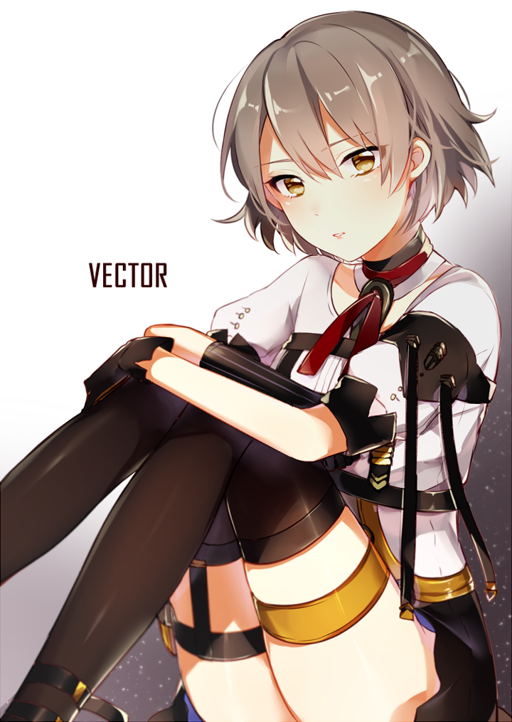 1girl bangs black_gloves black_legwear black_skirt character_name eyebrows_visible_through_hair girls_frontline gloves grey_hair grey_shirt knees_up leafwow looking_at_viewer parted_lips puffy_short_sleeves puffy_sleeves shirt short_hair short_sleeves sitting skirt solo thigh-highs thigh_strap thighs tsurime vector_(girls_frontline) yellow_eyes