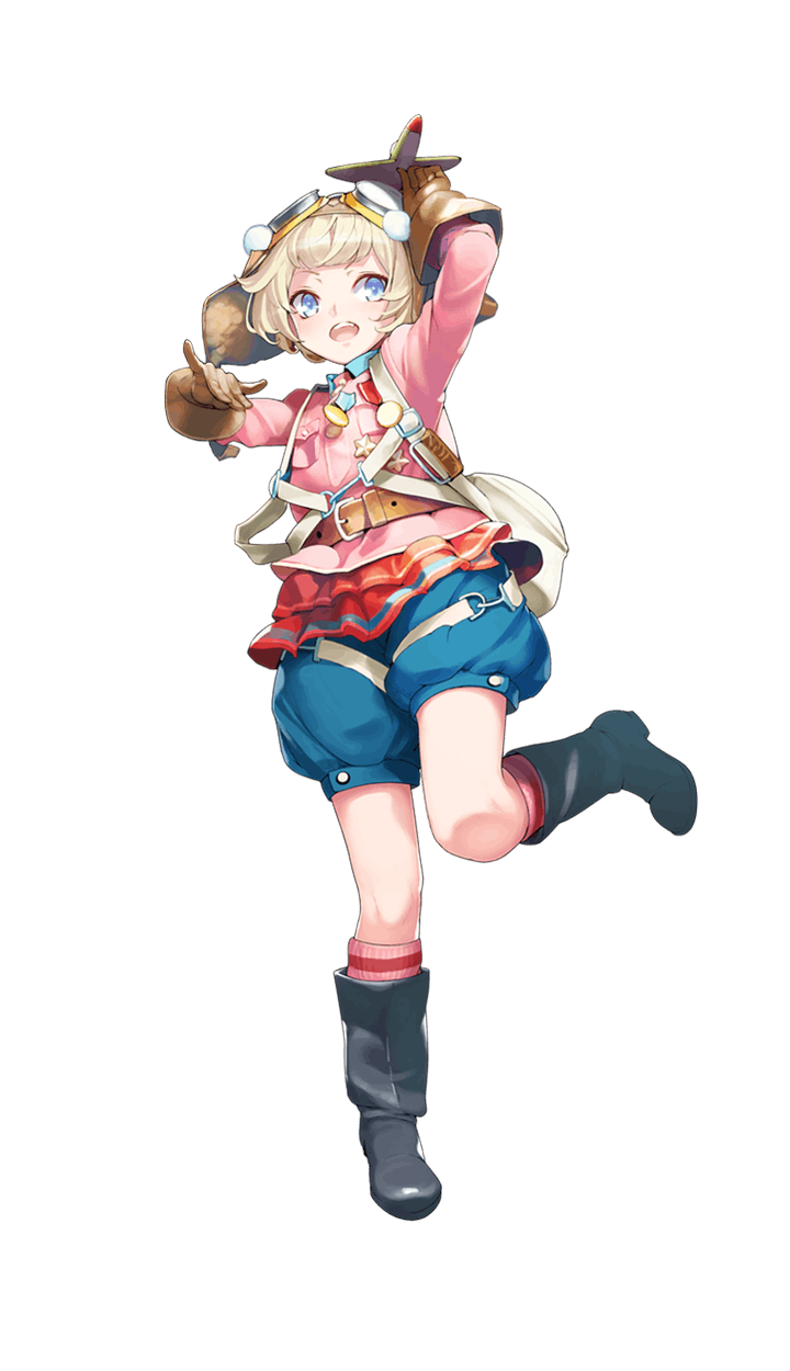 1girl :d agrippina_lechcalova ataruman aviator_cap black_boots blonde_hair blue_eyes boots brown_gloves formation_girls full_body gloves goggles goggles_on_headwear highres official_art open_mouth pink_legwear short_hair smile solo toy_airplane transparent_background