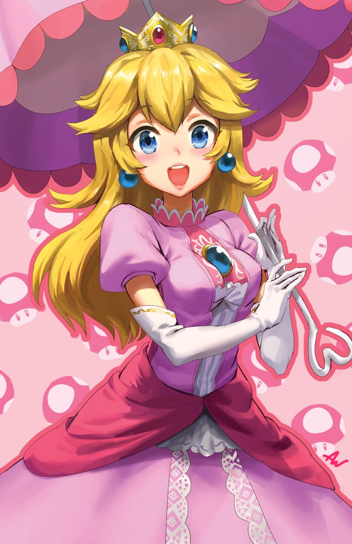 1girl athenawyrm blonde_hair blue_eyes crown dress hearth long_hair super_mario_bros. pink_dress princess_peach smile solo super_mario_bros. umbrella