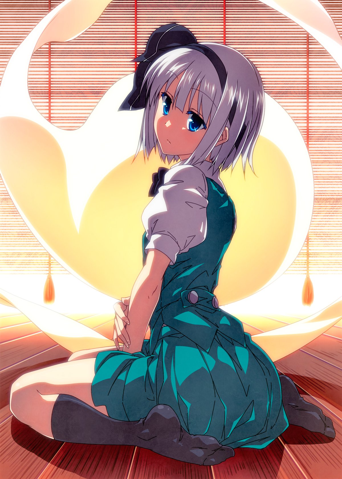 1girl backlighting bangs between_legs black_bow black_bowtie black_legwear blue_eyes blue_skirt bow bowtie closed_mouth expressionless eyebrows_visible_through_hair from_side full_body hair_bow hand_between_legs hand_on_own_arm highres kneehighs konpaku_youmu konpaku_youmu_(ghost) looking_at_viewer no_shoes pleated_skirt puffy_short_sleeves puffy_sleeves sazanami_mio shadow shirt short_hair short_sleeves sitting skirt skirt_set solo touhou wariza white_hair white_shirt wooden_floor