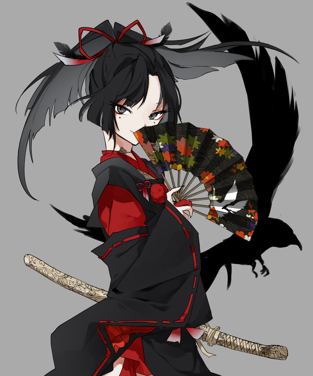 1boy bangs bird black_hair commentary_request covering_face cowboy_shot crow fan feathers folding_fan from_side grey_eyes hair_ornament hair_ribbon highres katana kogarasumaru_(touken_ranbu) looking_at_viewer mole parted_bangs ribbon ribbon-trimmed_sleeves ribbon_trim slit_pupils standing sword touken_ranbu weapon wide_sleeves