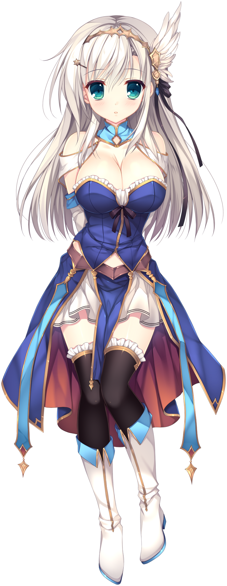 1girl :o aqua_eyes arms_behind_back blush boots breasts cleavage full_body hair_ornament hairband hairclip haruoto_alice_gram highres kanzaki_erisa large_breasts long_hair looking_at_viewer mitha official_art skirt solo thigh-highs white_boots white_hair wing_hair_ornament