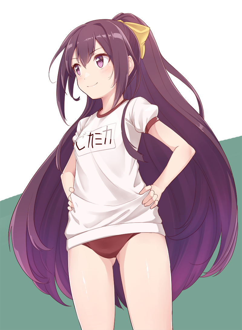 &gt;:) 1girl alternate_costume blush buruma closed_mouth commentary_request dutch_angle eyebrows_visible_through_hair gluteal_fold gym_uniform hair_ribbon hands_on_hips kamikaze_(kantai_collection) kantai_collection konnyaku_(kk-monmon) legs_apart long_hair looking_away looking_to_the_side name_tag ponytail puffy_short_sleeves puffy_sleeves purple_hair ribbon shiny shiny_skin shirt short_sleeves sidelocks smile solo standing thighs translated two-tone_background very_long_hair violet_eyes white_shirt yellow_ribbon