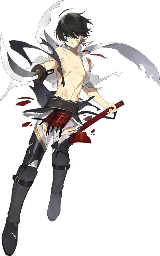 1boy black_hair blood blood_on_face blue_eyes boots earrings horikawa_kunihiro injury jewelry kiwame_(touken_ranbu) knee_boots male_focus official_art pants scarf sheath shiramine_(srmn09) shirtless sword torn_clothes torn_pants touken_ranbu transparent_background wakizashi weapon