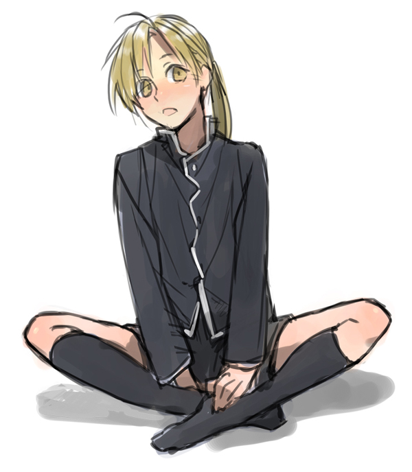1boy alphonse_elric androgynous black_shirt blonde_hair fullmetal_alchemist long_hair long_sleeves looking_at_viewer male_focus noako open_mouth ponytail shadow shirt simple_background solo_focus thigh-highs white_background yellow_eyes
