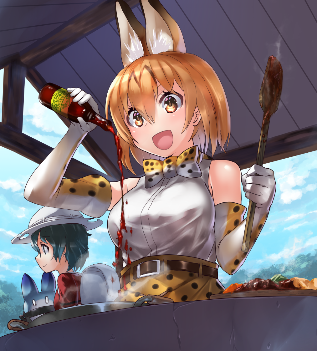 2girls :d animal_ears backpack bag bare_shoulders belt blonde_hair blue_sky bottle bow bowtie bucket_hat clouds cooking day elbow_gloves eyes_visible_through_hair food gloves green_hair hair_between_eyes hat high-waist_skirt kaban_(kemono_friends) kemono_friends ladle looking_away lucky_beast_(kemono_friends) multiple_girls open_mouth pouring print_bowtie print_gloves print_skirt red_shoes sauce serval_(kemono_friends) serval_ears serval_print shirt shoes short_hair skirt sky sleeveless sleeveless_shirt smile tabasco tadano_magu white_shirt yellow_eyes