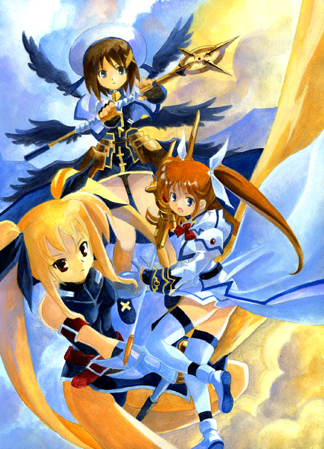 blonde_hair blue_eyes brown_hair fate_testarossa hat kouno_hikaru mahou_shoujo_lyrical_nanoha mahou_shoujo_lyrical_nanoha_a's mahou_shoujo_lyrical_nanoha_a's raising_heart red_eyes schwertkreuz takamachi_nanoha thigh-highs thighhighs traditional_media twintails wings yagami_hayate