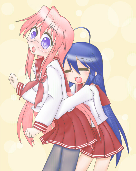 blue_hair green_eyes hug izumi_konata long_hair lucky_star pantyhose pink_hair purple_eyes school_uniform serafuku takara_miyuki violet_eyes