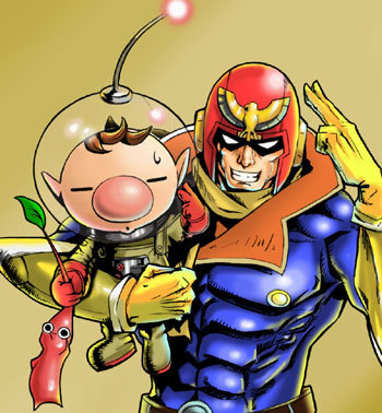 abs brown_hair captain_falcon carrying f-zero gloves grin helmet koma_(side) leaf lowres multiple_boys muscle nintendo nose olimar pikmin pikmin_(creature) pointy_ears salute scarf smile spacesuit super_smash_bros. sweatdrop two-finger_salute