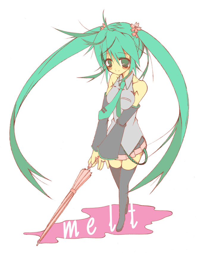 detached_sleeves green_eyes green_hair hatsune_miku long_hair melt_(vocaloid) nagatsuki necktie skirt thigh-highs thighhighs twintails umbrella very_long_hair vocaloid