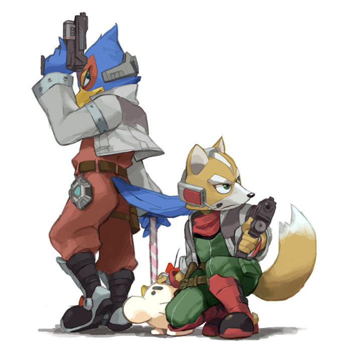 falco_lombardi fox_mccloud furry gloves green_eyes gun headset mother_(game) mr_saturn nemurism nintendo scarf star_fox starfox super_smash_bros. tail weapon