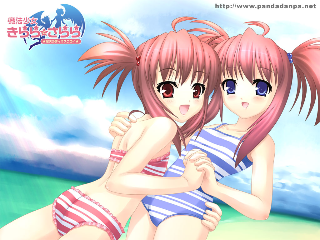 blue_eyes blush happy holding_hands hoshizora_kirara hoshizora_sarara kirara mahou_shoujo_kirara_to_sarara one-piece_swimsuit red_eyes sarara siblings striped swimsuit twins twintails