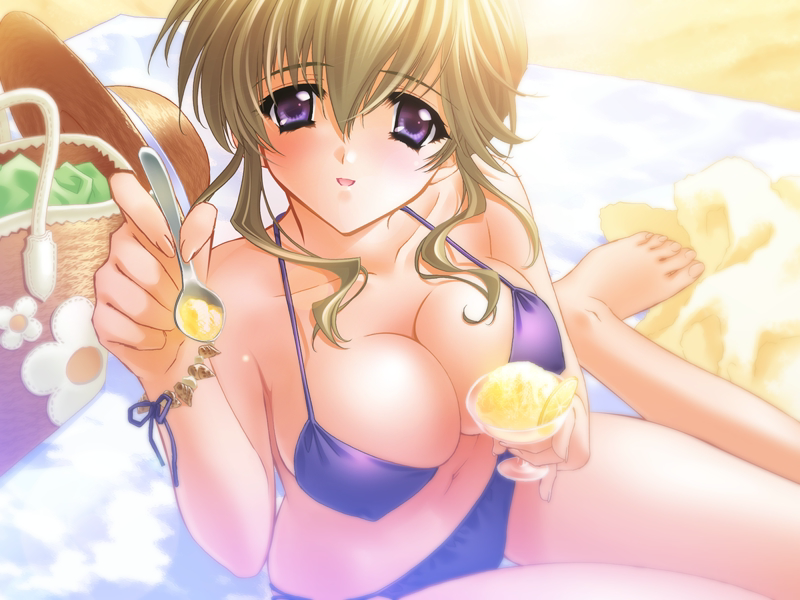 1girl bikini breasts brown_hair carnelian cleavage feet food game_cg hat ice_cream kamiazuma_yumiko large_breasts purple_eyes solo straw_hat swimsuit touka_gettan towel violet_eyes