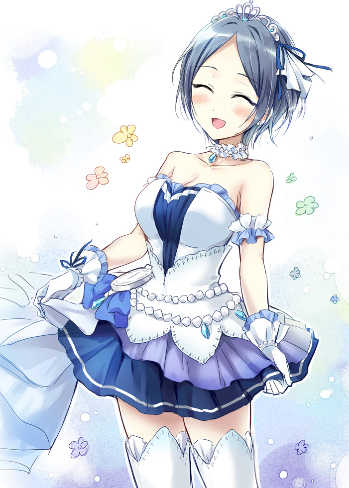 1girl armband bangs bare_shoulders blue_bow blue_hair blue_ribbon blush bow breasts cleavage clock closed_eyes collar collarbone dress flower frilled_collar frills gloves hair_ribbon hayami_kanade idolmaster idolmaster_cinderella_girls idolmaster_cinderella_girls_starlight_stage jewelry medium_breasts necklace oimo open_mouth parted_bangs pearl_necklace pendant ribbon short_hair smile solo thighs tiara white_dress white_gloves