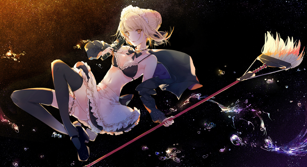 1girl apron artoria_pendragon_(all) artoria_pendragon_(swimsuit_rider_alter)_(fate) bikini black_bikini black_legwear black_skirt blonde_hair braid closed_mouth commentary_request fate/grand_order fate_(series) floating french_braid frilled_apron frilled_bikini frills hair_bun holding hood hoodie kinokohime leg_garter lips looking_at_viewer maid_bikini maid_headdress midriff mop open_clothes open_hoodie revision saber_alter skirt smile solo swimsuit thigh-highs waist_apron water_drop yellow_eyes