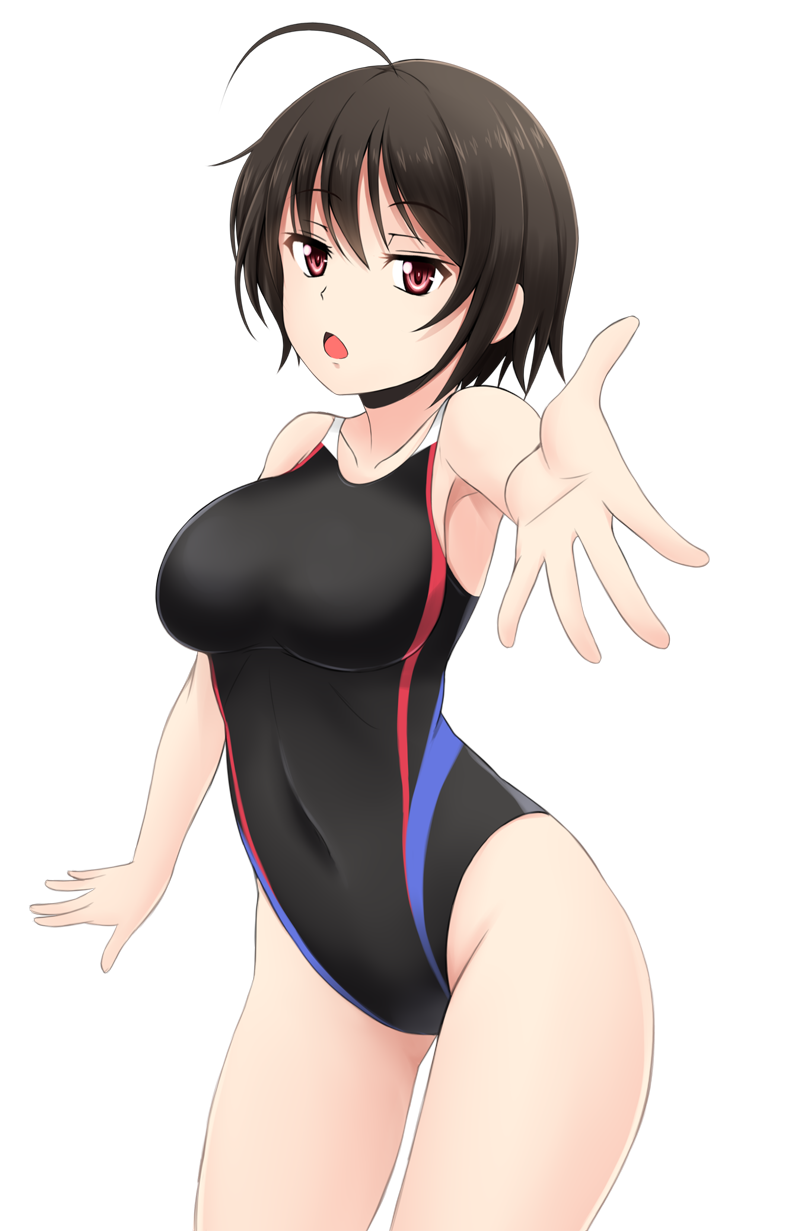 1girl black_hair black_swimsuit commentary_request competition_swimsuit covered_navel cowboy_shot foreshortening fuuma_nagi highres looking_at_viewer multicolored multicolored_clothes multicolored_swimsuit one-piece_swimsuit original red_eyes short_hair solo swimsuit transparent_background
