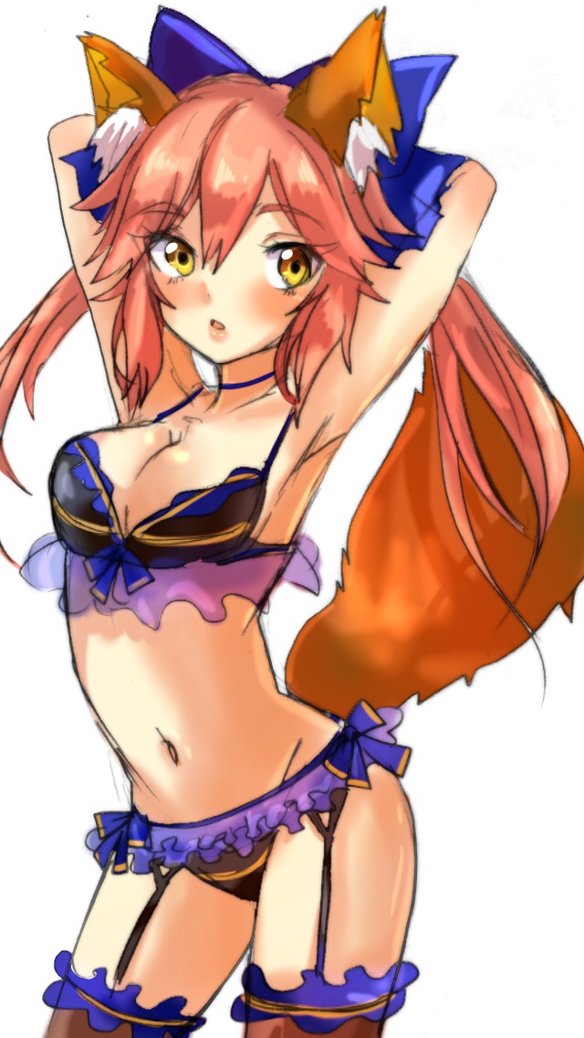1girl animal_ears arms_behind_head bangs black_bra black_legwear black_panties blue_bow blue_choker bow bow_bra bra breasts cleavage cowboy_shot eyebrows_visible_through_hair eyes_visible_through_hair fate/extra fate/grand_order fate_(series) fox_ears fox_tail frilled_bra frilled_legwear frilled_panties frills garter_belt hair_bow kayanogura lingerie long_hair looking_at_viewer medium_breasts navel panties parted_lips pink_hair simple_background solo standing tail tamamo_(fate)_(all) tamamo_no_mae_(fate) thigh-highs underwear white_background yellow_eyes