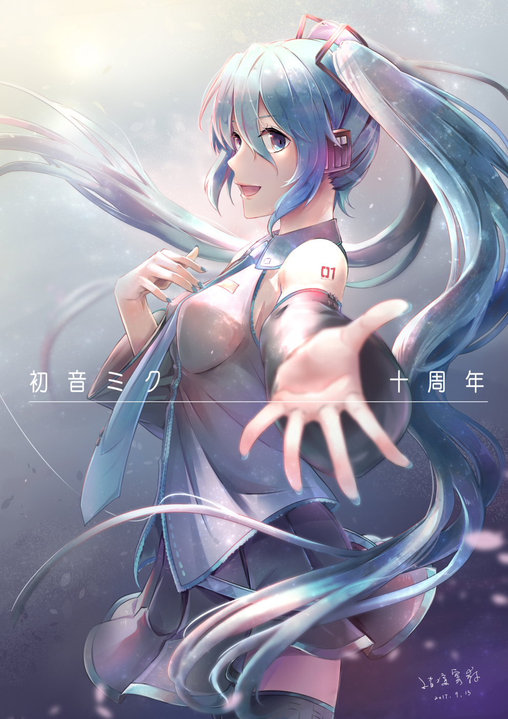 1girl 2017 aqua_hair blue_eyes character_name dated detached_sleeves foreshortening from_side hatsune_miku headphones highres long_hair looking_at_viewer necktie open_mouth outstretched_arm sei_(abab40116) skirt solo thigh-highs twintails very_long_hair vocaloid