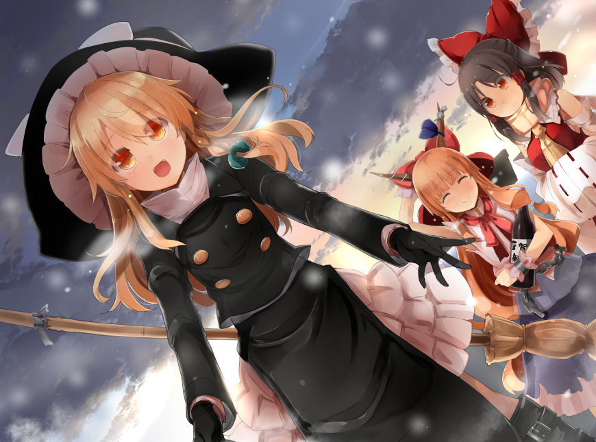 3girls :d arm_behind_back black_gloves black_hair black_hat black_shirt blonde_hair blue_skirt bow brown_hair closed_eyes day dutch_angle eyebrows_visible_through_hair frilled_bow frills gloves hair_bow hakurei_reimu hat hat_bow ibuki_suika kirisame_marisa long_hair multiple_girls necktie open_mouth orange_eyes outdoors red_bow red_shirt ribbon-trimmed_sleeves ribbon_trim scarf shin_(new) shirt skirt smile snowing touhou white_bow white_skirt yellow_necktie