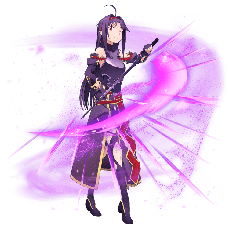 1girl ;) ahoge boots breastplate brown_eyes detached_sleeves fingerless_gloves gloves hand_on_hip headband holding holding_sword holding_weapon long_hair long_skirt looking_at_viewer one_eye_closed pointy_ears purple_boots purple_gloves purple_hair purple_skirt skirt smile solo sword sword_art_online thigh-highs thigh_boots transparent_background very_long_hair weapon yuuki_(sao)